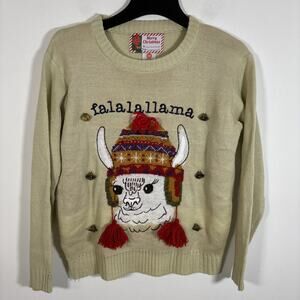 Merry Christmas Ugly Sweater Falalallama Llama Medium Bells Tassles Tan Knit